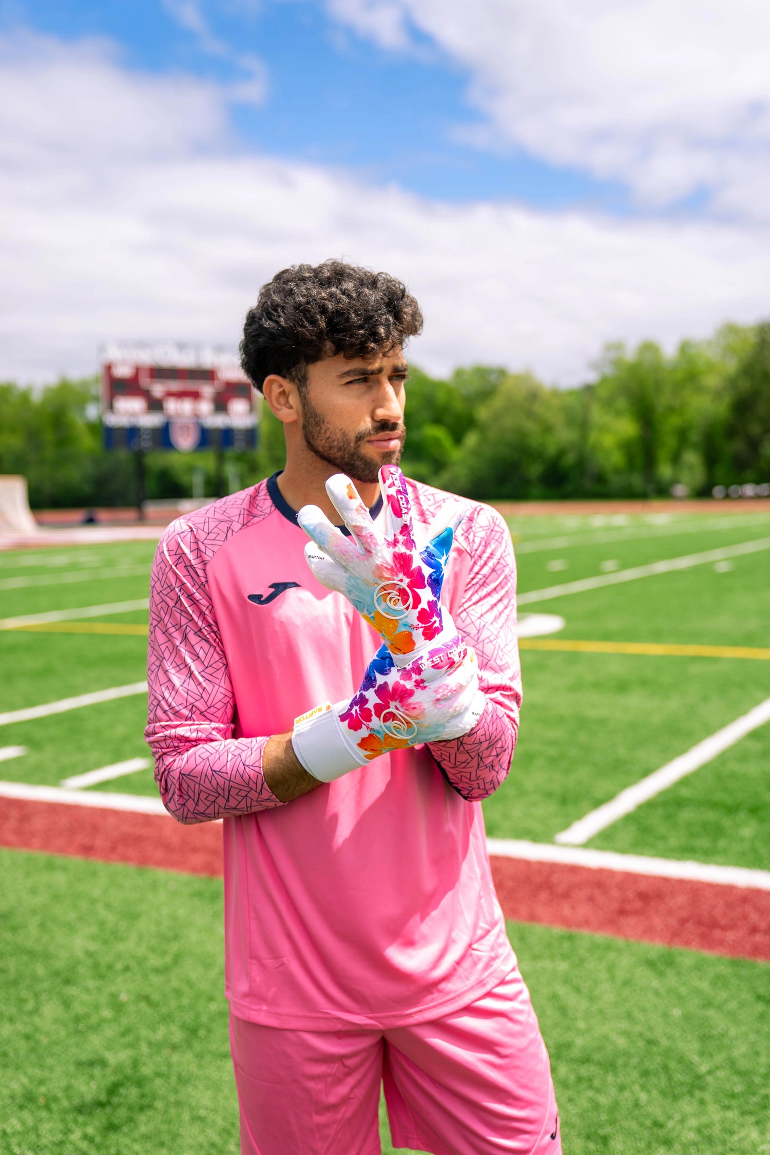 Soccer Goalkeeper in Pink Joma Zamora X GK Kit and West Coast Goalie Gloves from Keeperstop
