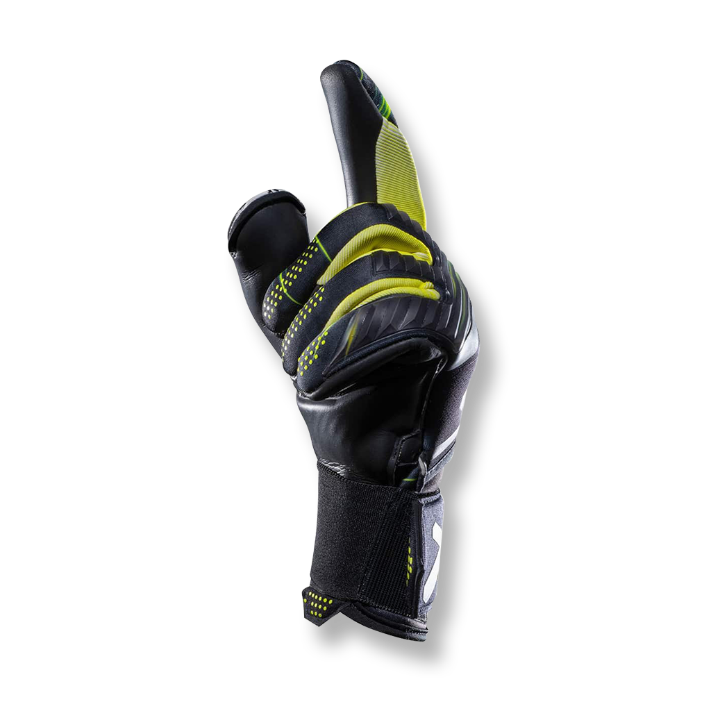 Hybrid negative roll cut on the Storelli Silencer Menace GK glove.