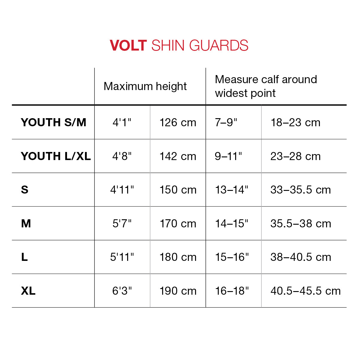 G-Form Youth Volt NOCSAE Shin Guard Sizing Chart