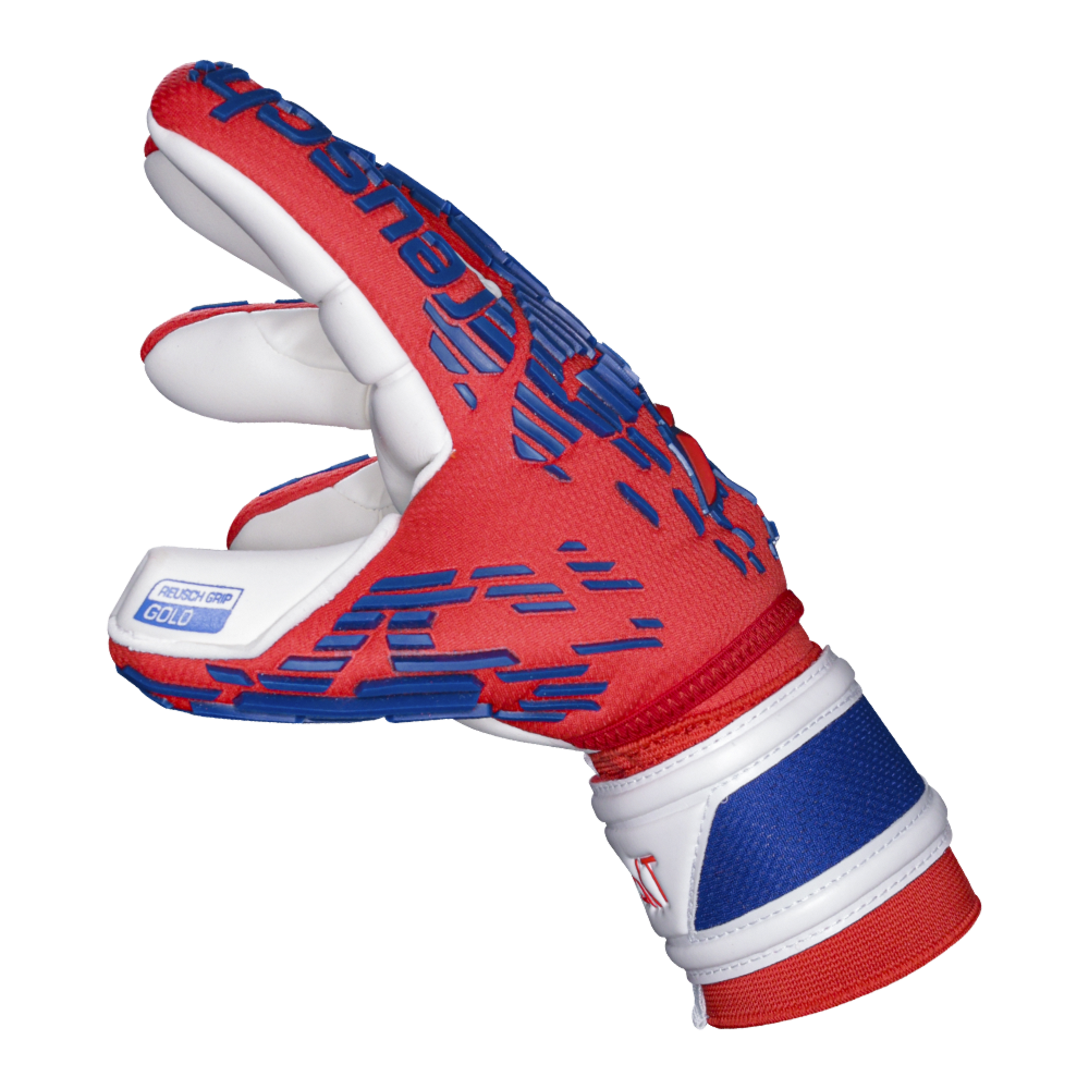 Red white and blue goalie gloves