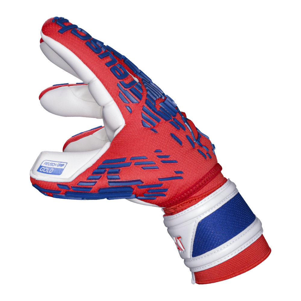 Red white and blue goalie gloves