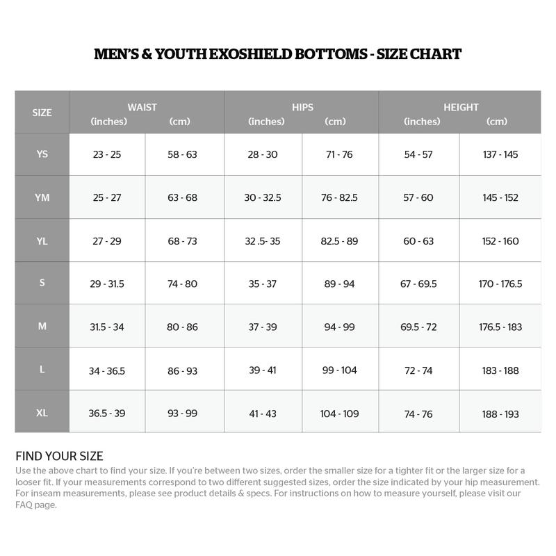 Storelli Men's and Youth Exoshield Bottoms Sizing Chart