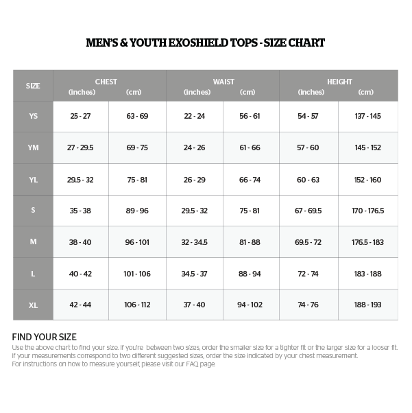 Storelli Men's and Youth Exoshield Jersey Sizing Chart