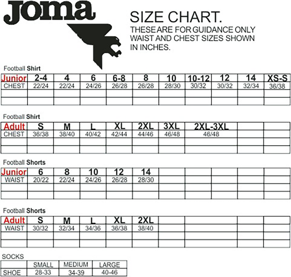 Joma USA apparel sizing chart