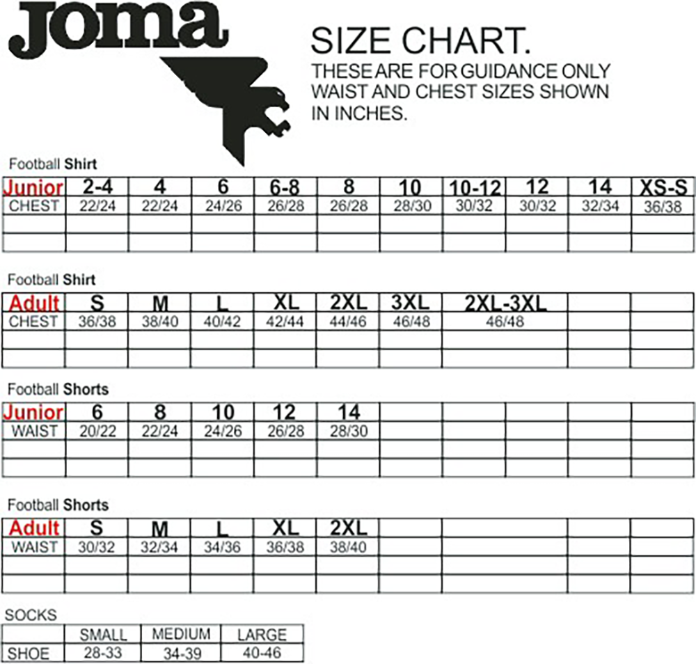 Joma Jersey Size Chart